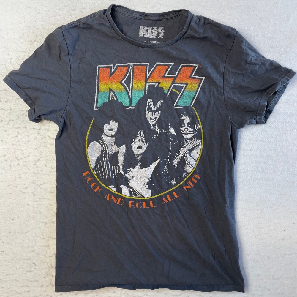 KISS Rock and Roll All Nite Graphic T-Shirt Mens Medium Charcoal Grey Band Tee